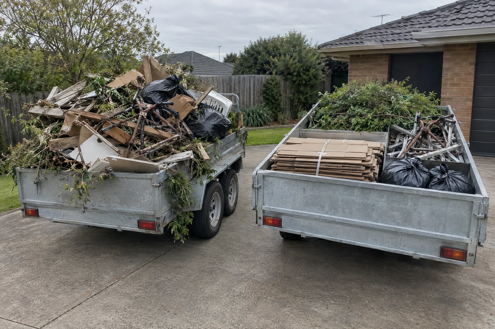 Two trailers side by side on a driveway: on the left an unsorted, mixed-up load; on the right the same kinds of rubbish sorted into cardboard, green waste, metal and bagged rubbish